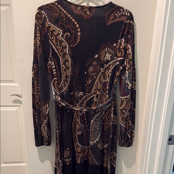 Hale Bob Brown Faux Wrap silk Dress with Bishop Sleeves size Large - Picture 5 of 14
